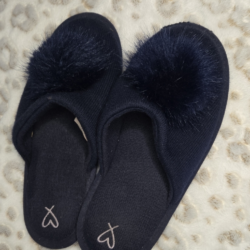 Victoria's Secret Blue Fuzzy Pom-Pom Slippers